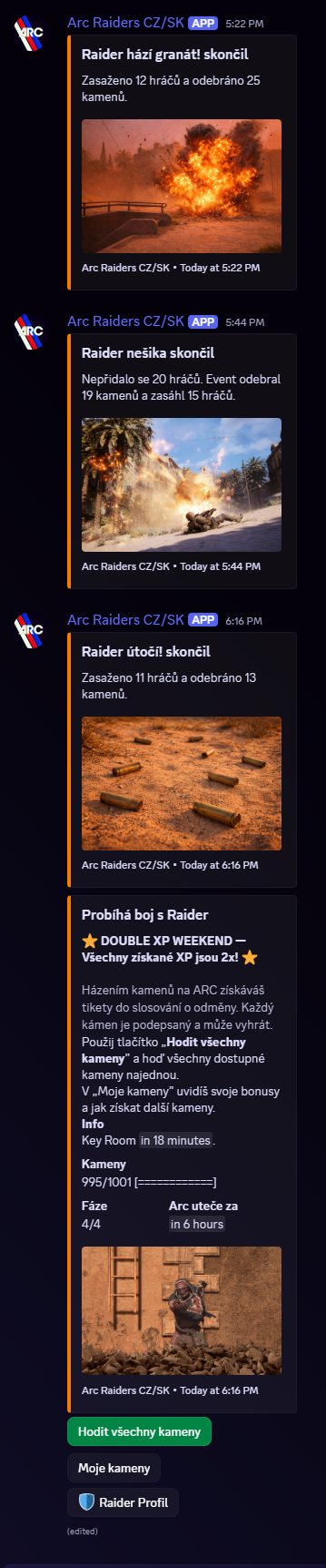 Kompletní Discord ARC panel během aktivního runu